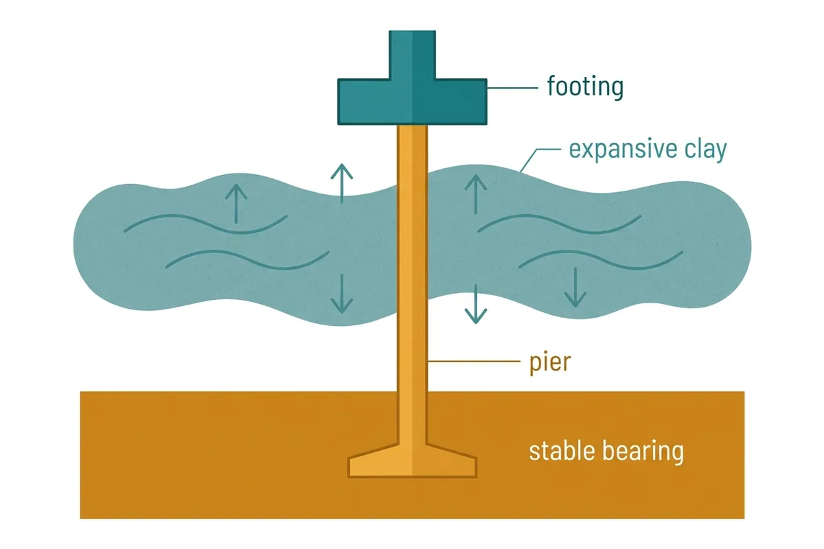 Cutaway diagram: pier driven through expansive Green Country clay to stable bearing