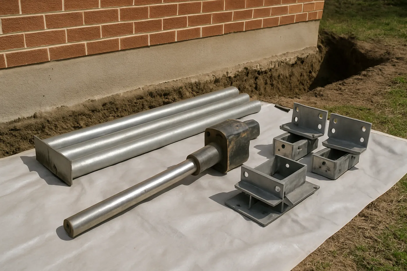 Steel push pier sections and drive equipment staged at a Tulsa foundation repair