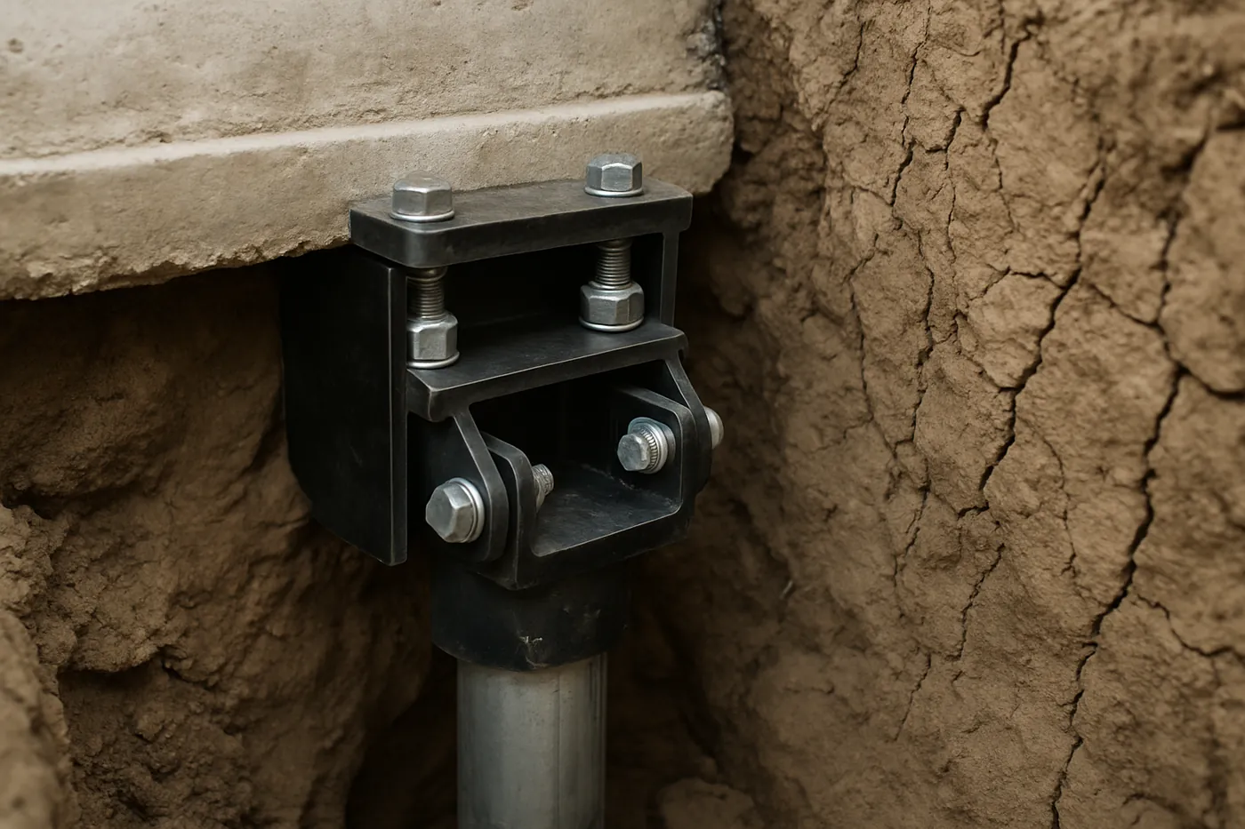 Pier bracket bolted to a footing in the expansive valley clay of Tulsa